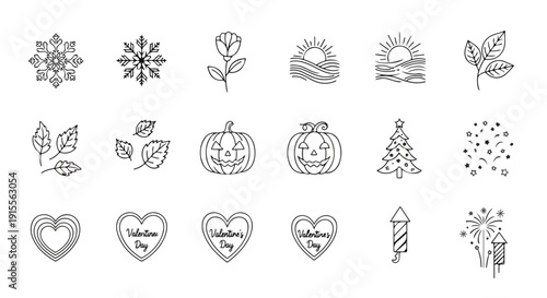 A collection of intricate black and white line drawings featuring various objects and symbols Vector