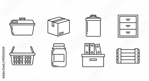Assorted household storage containers and organizers in a row Vector