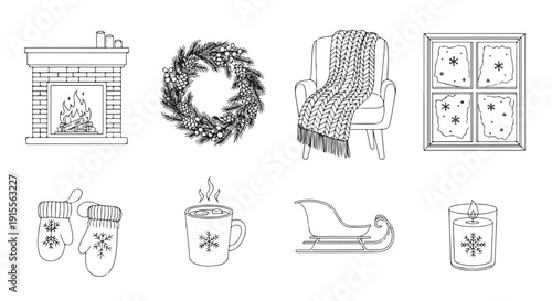 Cozy winter holiday decorations and festive items for a warm and inviting home Vector