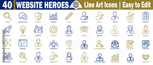 Website heroes icons. Collection of search communicator, protector analyzer creator, connector provider, and vector illustration.