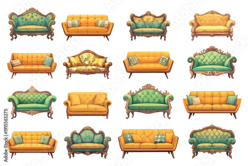 Set of old vintage sofas with pillows, different designs and shapes, wooden and modern, home furniture, vector illustration