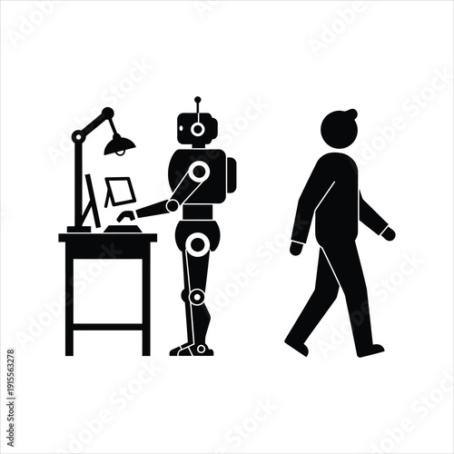 Black Vector Pictogram of an AI Robot Working at a Desk While a Human Walks Away, Symbolizing Automation, Job Replacement, and the Future of Work