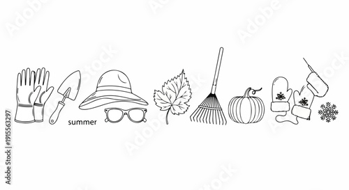 Essential items for summer activities and gardening displayed in a row Vector