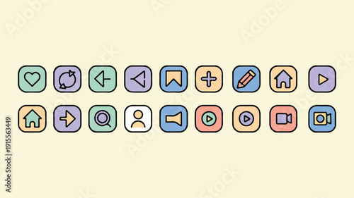 Modern Social Media Icons, Two Horizontal Rows on Soft Cream, Minimalist Flat Design for Digital Media