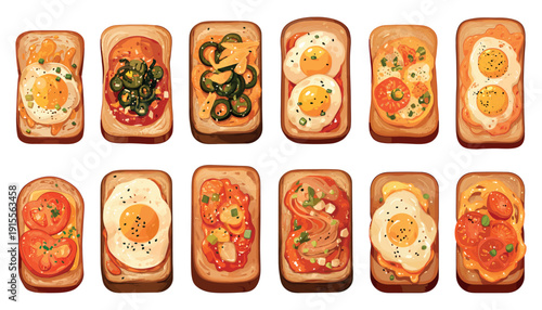 Set of toasts on bread with various toppings and sauces, morning meal, eggs, vegetables, bread, olives, cheese, bacon, ham, tomatoes, vegetables, lunch, seasonings, popular snack, vector illustration