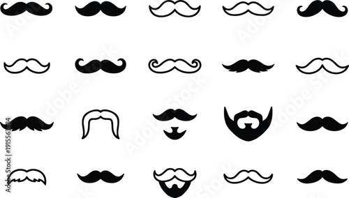 Black and White Vector Set of Diverse Mustache and Beard Icon Silhouettes for Barbershop Grooming Men’s Fashion and Hipster Style