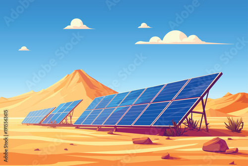 Solar panels installed in the desert, green energy, electricity generation, vector illustration