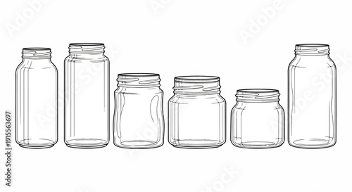 A variety of empty glass jars and bottles in different shapes and sizes. Vector