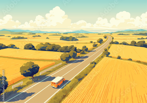 Top view of the road between wheat fields and small patches of trees, orange car driving along the road, bright sunny day, mountains on the horizon, tourism concept, vector illustration