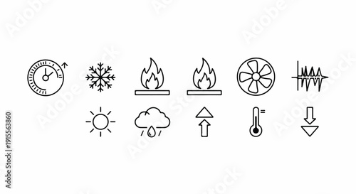 Icons representing various weather conditions and environmental factors Vector