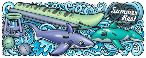 Cartoon cute doodles hand drawn summer beach children's entertainment illustration. Inflatable rings, air mattress vector background. Funny outdoor games artwork.