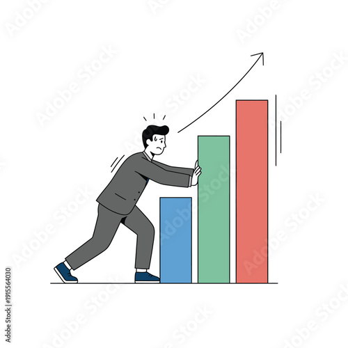 Concept of business effort, market growth, and driving results. A professional character physically pushing for success. Perfect for sales performance and economic growth topics.