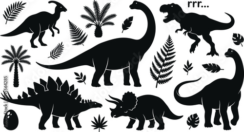 Black Dinosaur Silhouettes Collection with Jurassic Plants Tropical Leaves Brachiosaurus Tyrannosaurus Rex Triceratops Stegosaurus Parasaurolophus Egg and Ferns Vector Illustration