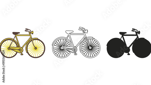 Bicycle vector illustrations in various styles and colors on white background