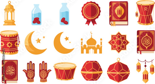 Islamic Ramadan and Eid decorative icon set with lanterns, mosque, Quran, crescent moon, drums, and traditional ornaments