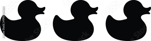 Black Rubber Duck Silhouettes Triple Set Isolated on White Background Minimalist Bird Icons for Bathroom Spa and Water Safety Concept