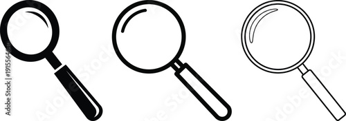Three magnifying glasses in different line styles for search and investigation concepts on a white background