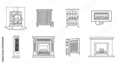 Various types of heaters and radiators for indoor heating solutions. Vector