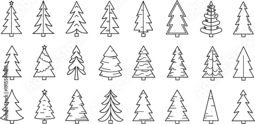 Collection of hand drawn Christmas tree outline icons minimal doodle winter pine fir set for holiday design and decoration