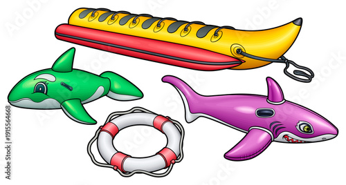 Cartoon set of cute doodle Animals and Birds Inflatable Pool Circles. Summer swimming toys colorful vector funny illustration. Isolated on white background