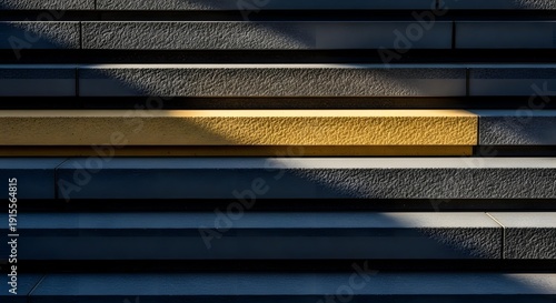 Minimal architectural close up of concrete stairs with single yellow strip low angle view showing strong angular shadows textured surface geometric lines and high contrast lighting