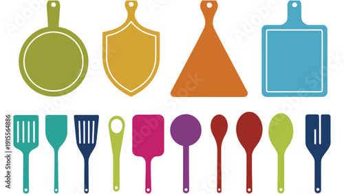 Colorful kitchen utensils and cutting boards arranged in a clean, organized pattern