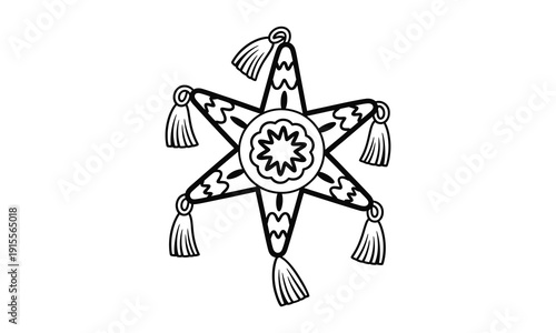 Mexican pinata star shape with tassels black and white line art vector illustration