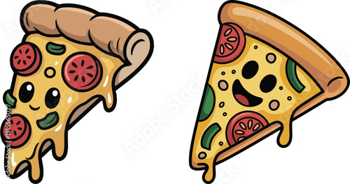 Two cartoon slices of pizza with smiling faces and melted cheese on white background