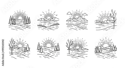 Eight unique illustrations of scenic landscapes with varying elements Vector