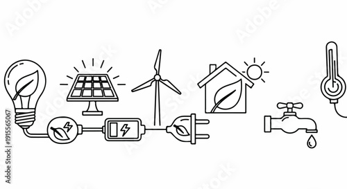 Illustrations of renewable energy sources and sustainable living essentials Vector