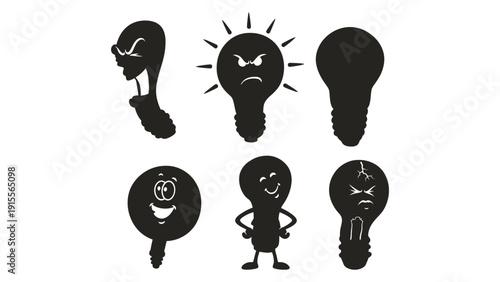 Light bulb vector icons with different emotions and expressions