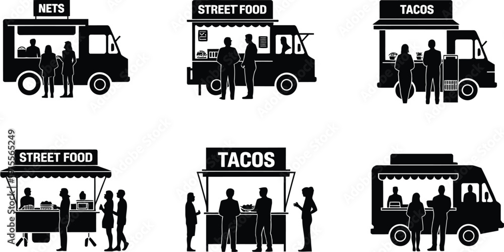 Obraz premium Variety of street food trucks and stalls with people black silhouettes on white background urban food scene