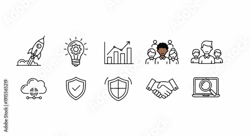 Icons representing various aspects of business and technology. Vector