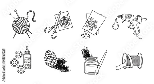 A collection of various art supplies and tools for creative projects Vector