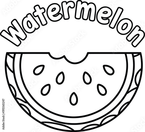 A black and white outline drawing displays a refreshing bitten watermelon slice with seeds and text above