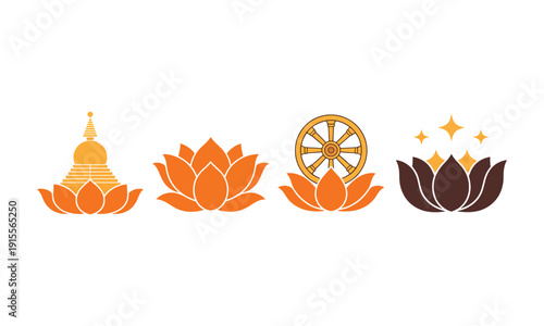 Buddhist symbols set including lotus flower and dharma wheel vector illustration