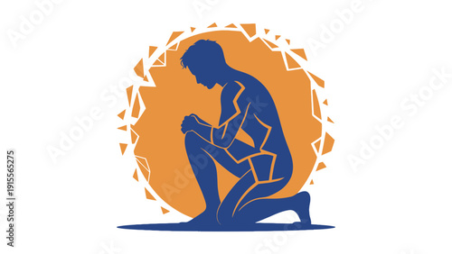 Silhouette of a man kneeling in prayer, bathed in a warm, abstract sunburst