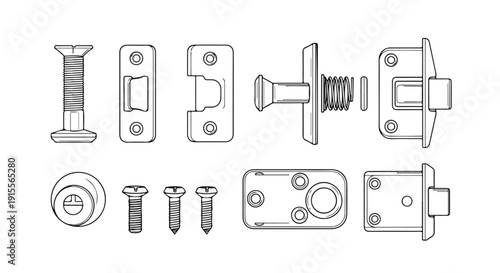 Assorted hardware components including bolts, nuts, washers, and brackets Vector