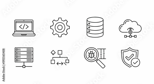Icons representing various aspects of software development and cybersecurity Vector