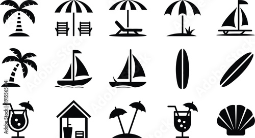 Black beach icons set including palm trees umbrellas sailboats surfboards and tropical drinks on white background for summer and vacation themes