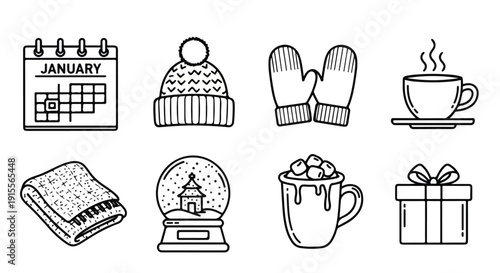 Illustrations of winter activities and items including a calendar, hat, mittens, coffee, book, snowglobe, mug, and gift Vector