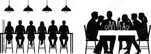 People sitting at tables in a restaurant or bar with lamps overhead in a social setting