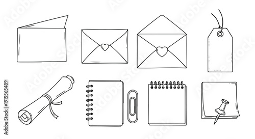 Assorted stationery items including envelopes, paper, and office supplies Vector
