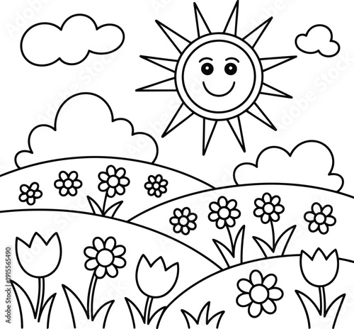 A cheerful smiling sun shining brightly over rolling hills filled with various blooming flowers and fluffy clouds