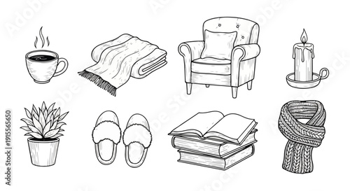 A cozy living room with a cup of tea, a potted plant, and a comfortable chair Vector