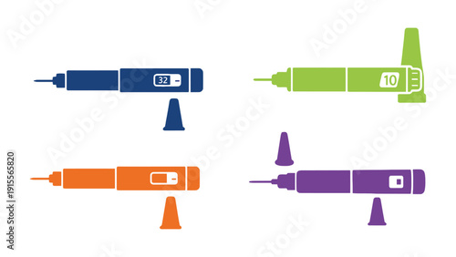 Insulin pen vector icons in different colors and doses illustration