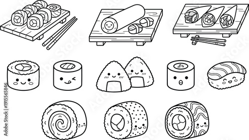 Kawaii Sushi Coloring Page Vector Set Featuring Cute Hand Drawn Onigiri Nigiri Maki and Temaki Characters with Happy Smiling Faces