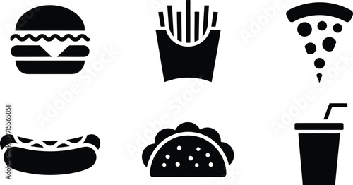Fast food icons including burger fries pizza hot dog taco and soda on white background