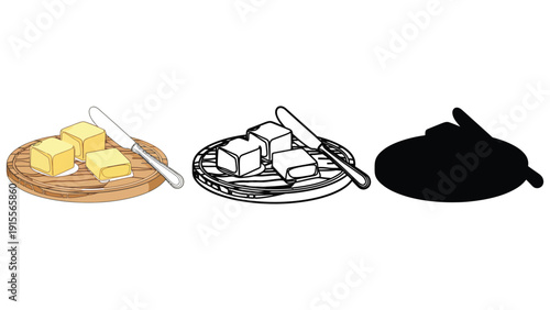 Fresh butter cubes with knife on cutting board, illustration and silhouette