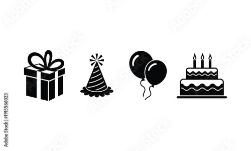 Black and white icons representing birthday celebration elements like gift box, party hat, balloons, and cake
